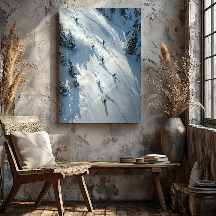 Alpine Skiers Aerial Canvas – Dynamic Winter Sports Illustration - Gifitto