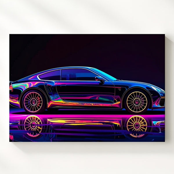 Neon Blacklight Sports Car Canvas – Futuristic Rainbow Glow Automotive Art - Gifitto