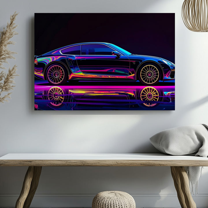 Neon Blacklight Sports Car Canvas – Futuristic Rainbow Glow Automotive Art - Gifitto