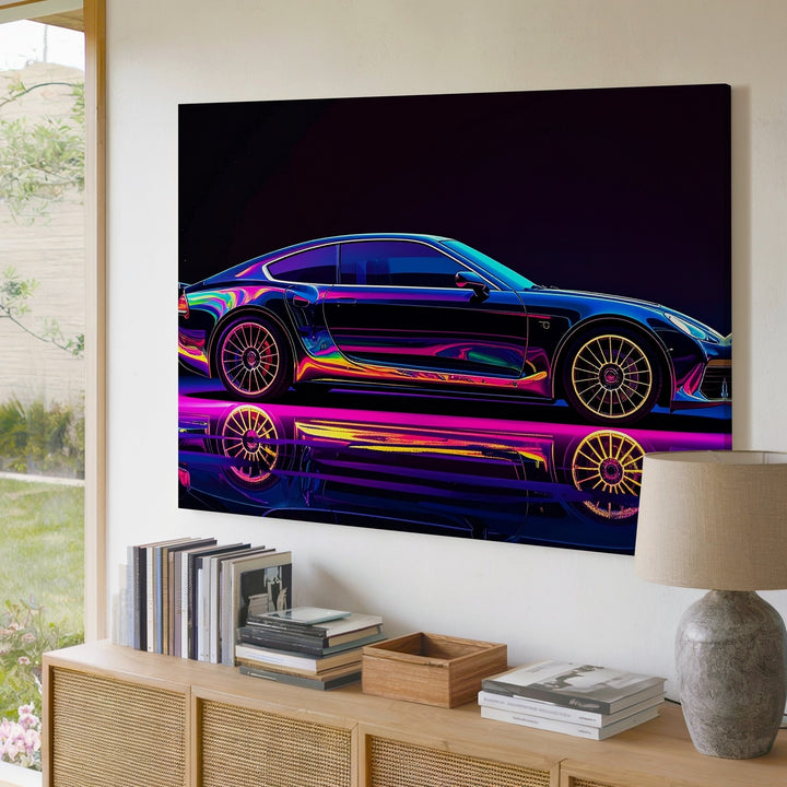 Neon Blacklight Sports Car Canvas – Futuristic Rainbow Glow Automotive Art - Gifitto