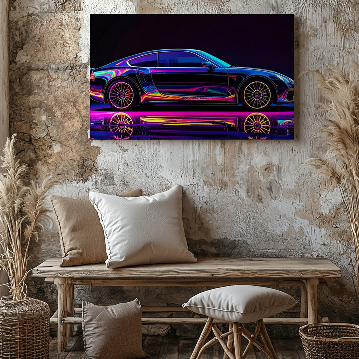Neon Blacklight Sports Car Canvas – Futuristic Rainbow Glow Automotive Art - Gifitto