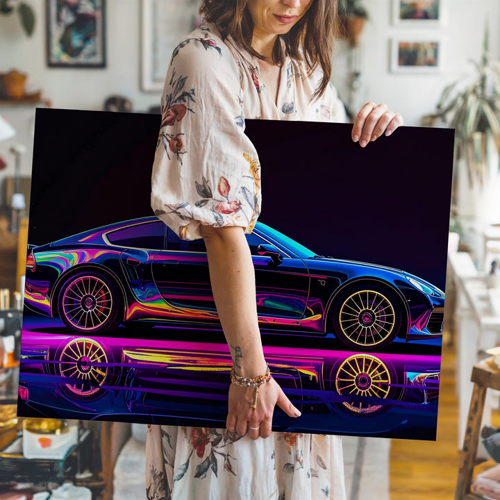 Neon Blacklight Sports Car Canvas – Futuristic Rainbow Glow Automotive Art - Gifitto
