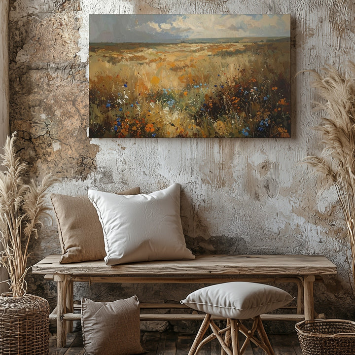 Golden Meadow Wildflowers Canvas – Panoramic Impressionist Field Art - Gifitto
