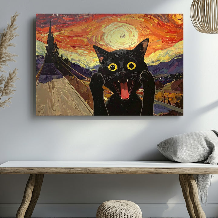 Screaming Cat Parody Canvas – Funny Black Cat Meets The Scream - Gifitto