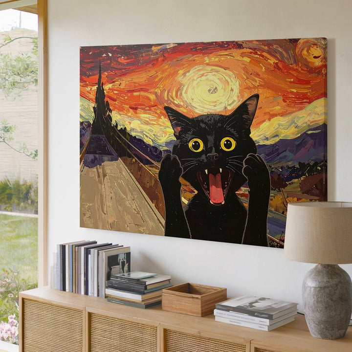 Screaming Cat Parody Canvas – Funny Black Cat Meets The Scream - Gifitto