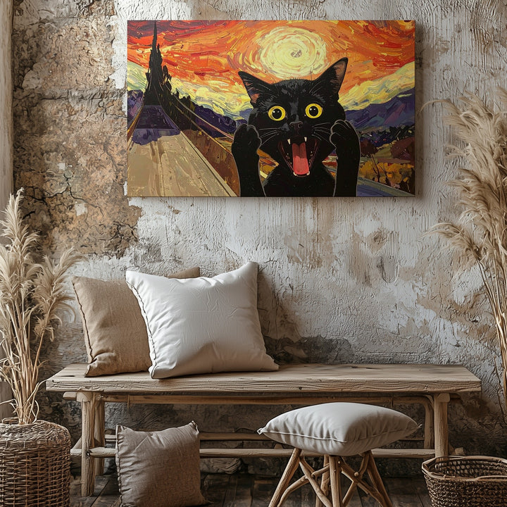 Screaming Cat Parody Canvas – Funny Black Cat Meets The Scream - Gifitto