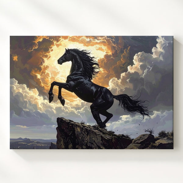 Heroic Black Stallion Canvas – Rearing on Cliff with Fiery Sky - Gifitto