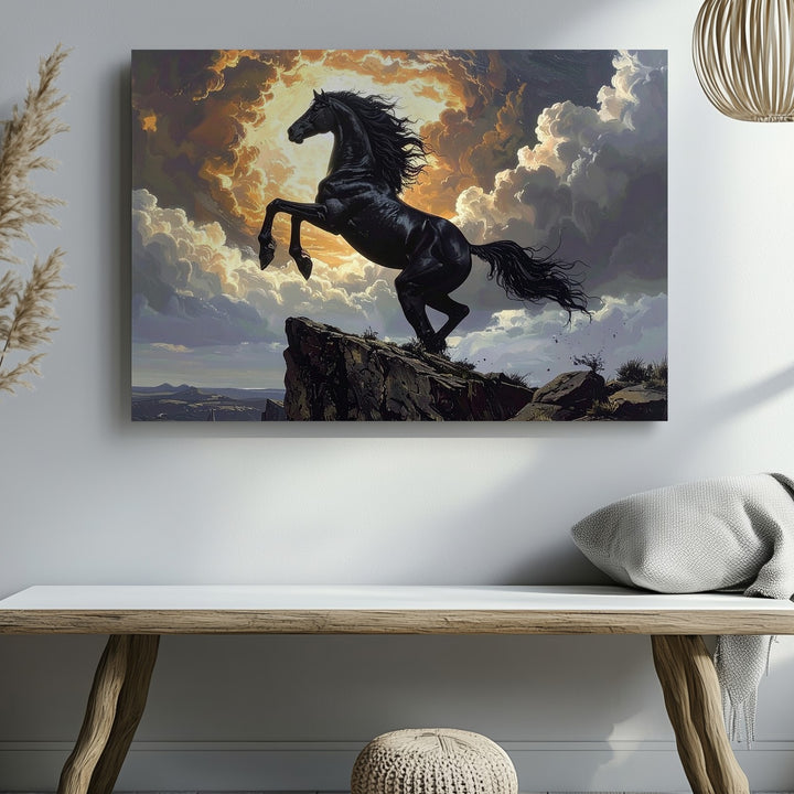 Heroic Black Stallion Canvas – Rearing on Cliff with Fiery Sky - Gifitto
