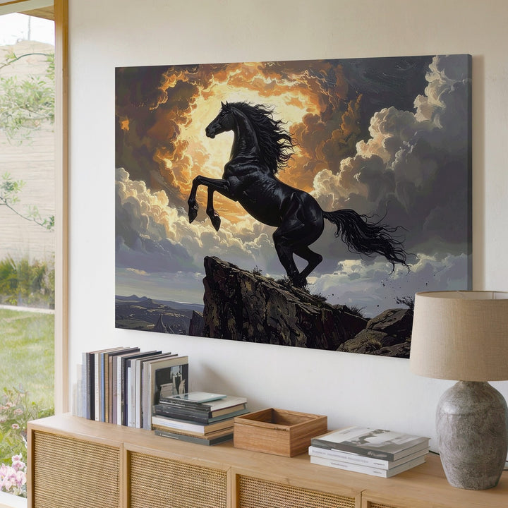 Heroic Black Stallion Canvas – Rearing on Cliff with Fiery Sky - Gifitto