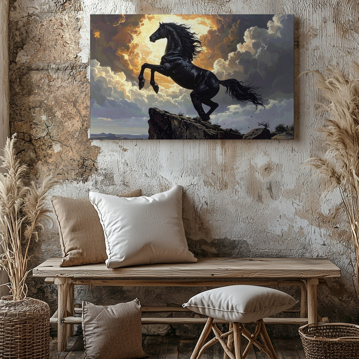 Heroic Black Stallion Canvas – Rearing on Cliff with Fiery Sky - Gifitto