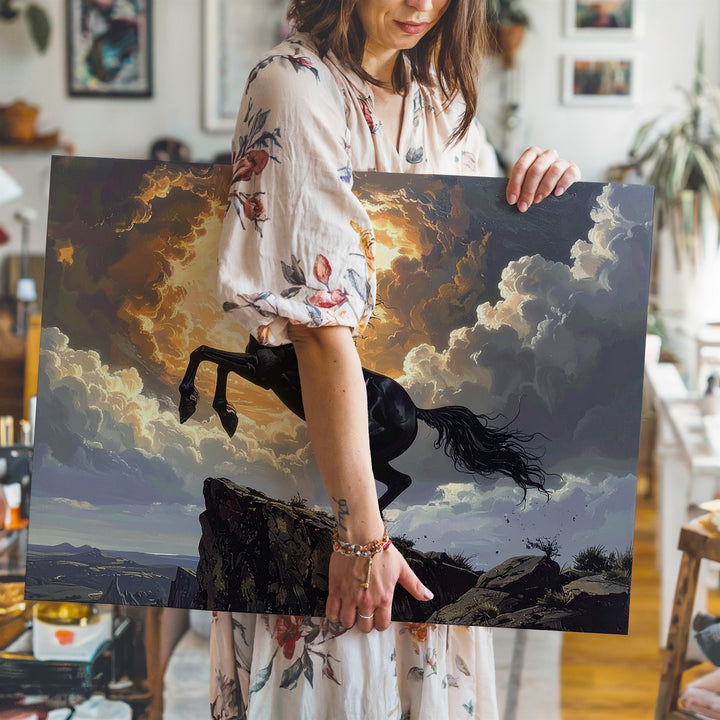 Heroic Black Stallion Canvas – Rearing on Cliff with Fiery Sky - Gifitto