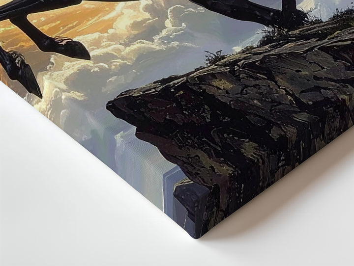 Heroic Black Stallion Canvas – Rearing on Cliff with Fiery Sky - Gifitto