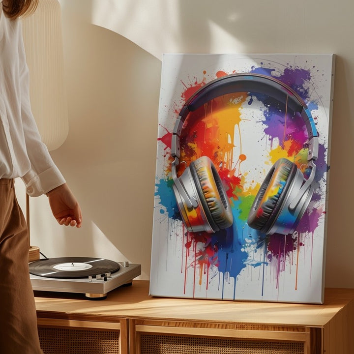 Rainbow Sound Canvas – Color Splash Headphones Wall Art - Gifitto