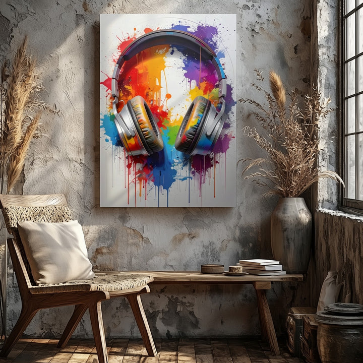 Rainbow Sound Canvas – Color Splash Headphones Wall Art - Gifitto