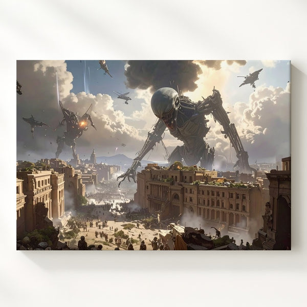 Futuristic Siege Canvas – Dark Sci-Fi City Under Attack Wall Art - Gifitto
