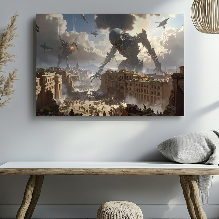 Futuristic Siege Canvas – Dark Sci-Fi City Under Attack Wall Art - Gifitto