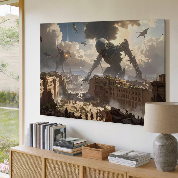 Futuristic Siege Canvas – Dark Sci-Fi City Under Attack Wall Art - Gifitto