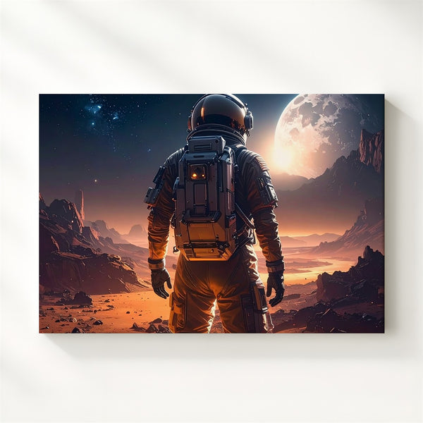 Lone Astronaut Canvas – Alien Frontier Wall Art with Cratered Planet and Harsh Terrain - Gifitto