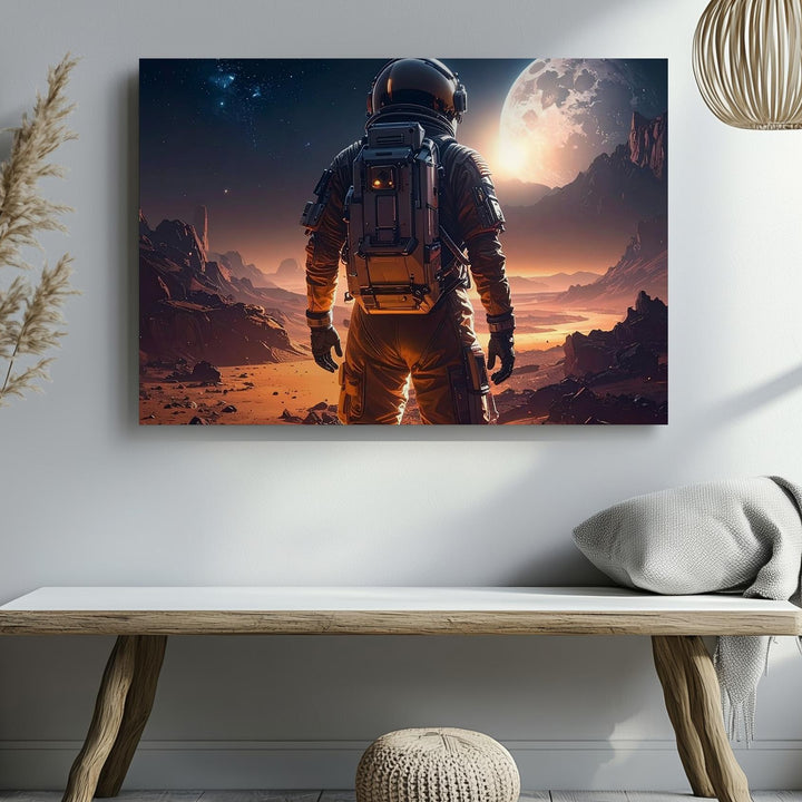 Lone Astronaut Canvas – Alien Frontier Wall Art with Cratered Planet and Harsh Terrain - Gifitto