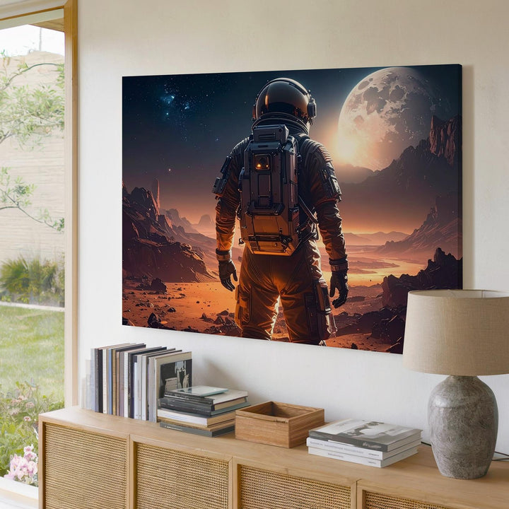 Lone Astronaut Canvas – Alien Frontier Wall Art with Cratered Planet and Harsh Terrain - Gifitto