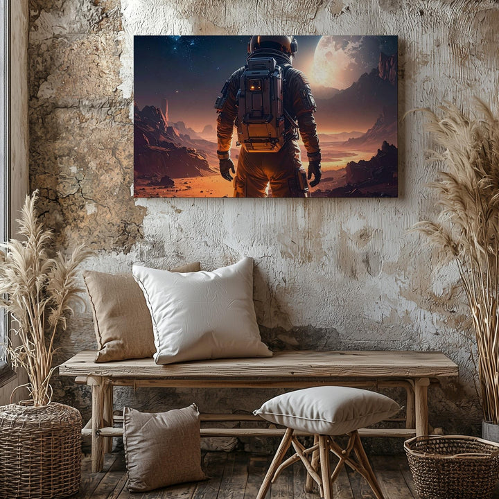 Lone Astronaut Canvas – Alien Frontier Wall Art with Cratered Planet and Harsh Terrain - Gifitto