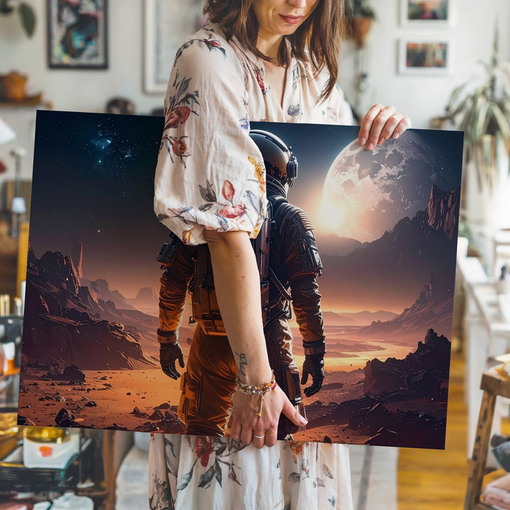 Lone Astronaut Canvas – Alien Frontier Wall Art with Cratered Planet and Harsh Terrain - Gifitto
