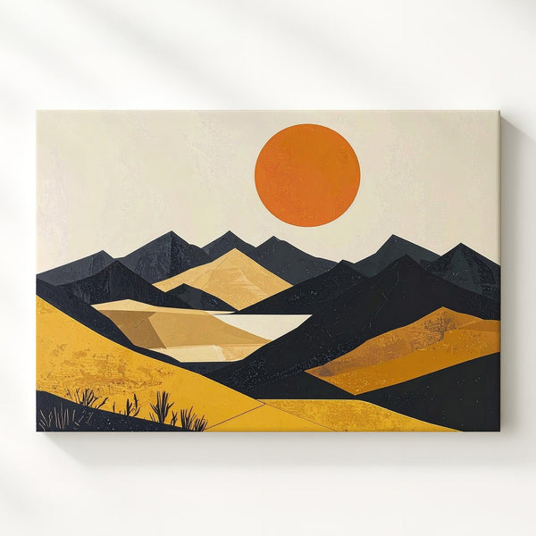 Desert Sunset Canvas – Minimalist Geometric Landscape with Black Mountains and Orange Sun - Gifitto