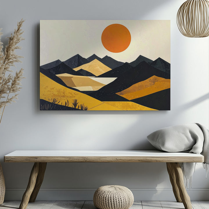 Desert Sunset Canvas – Minimalist Geometric Landscape with Black Mountains and Orange Sun - Gifitto