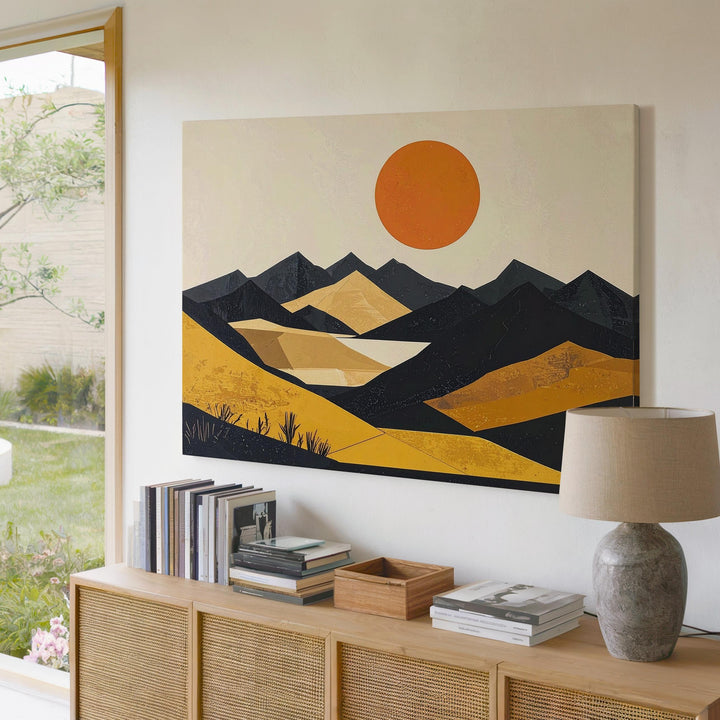 Desert Sunset Canvas – Minimalist Geometric Landscape with Black Mountains and Orange Sun - Gifitto