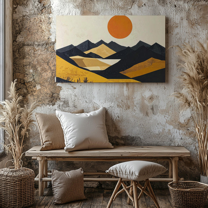 Desert Sunset Canvas – Minimalist Geometric Landscape with Black Mountains and Orange Sun - Gifitto