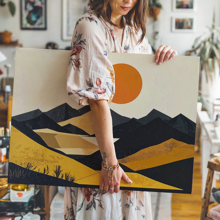 Desert Sunset Canvas – Minimalist Geometric Landscape with Black Mountains and Orange Sun - Gifitto