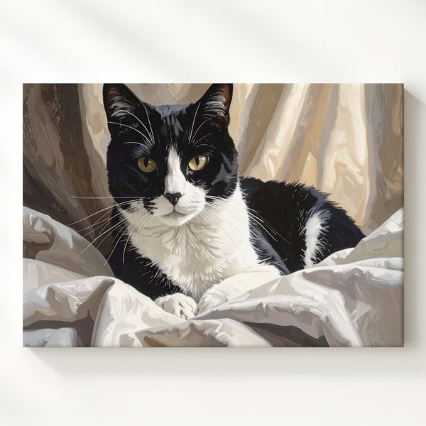 Tuxedo Cat in Bed Canvas – Cozy Realistic Feline Rest Art - Gifitto