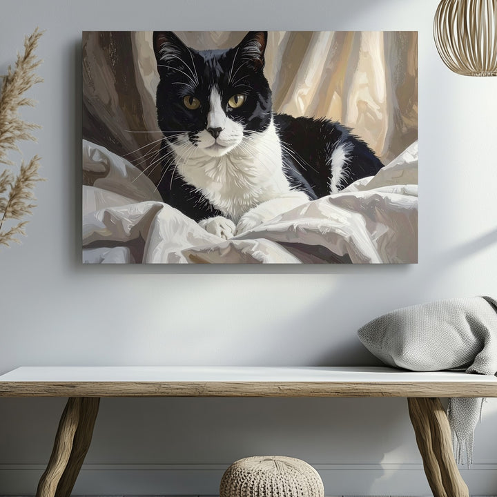 Tuxedo Cat in Bed Canvas – Cozy Realistic Feline Rest Art - Gifitto