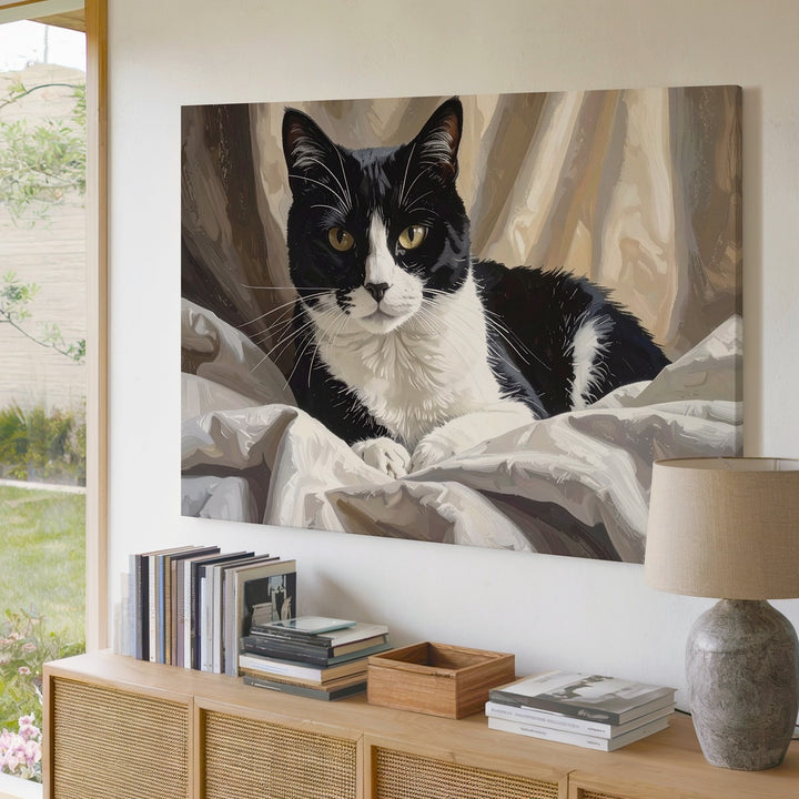 Tuxedo Cat in Bed Canvas – Cozy Realistic Feline Rest Art - Gifitto