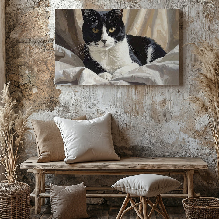 Tuxedo Cat in Bed Canvas – Cozy Realistic Feline Rest Art - Gifitto