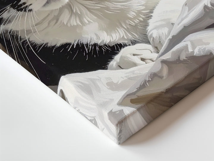Tuxedo Cat in Bed Canvas – Cozy Realistic Feline Rest Art - Gifitto