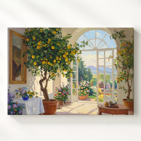 Sunlit Mediterranean Conservatory Canvas – Lush Lemon Tree Indoor Garden Art - Gifitto