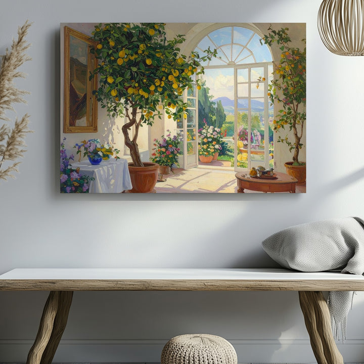 Sunlit Mediterranean Conservatory Canvas – Lush Lemon Tree Indoor Garden Art - Gifitto
