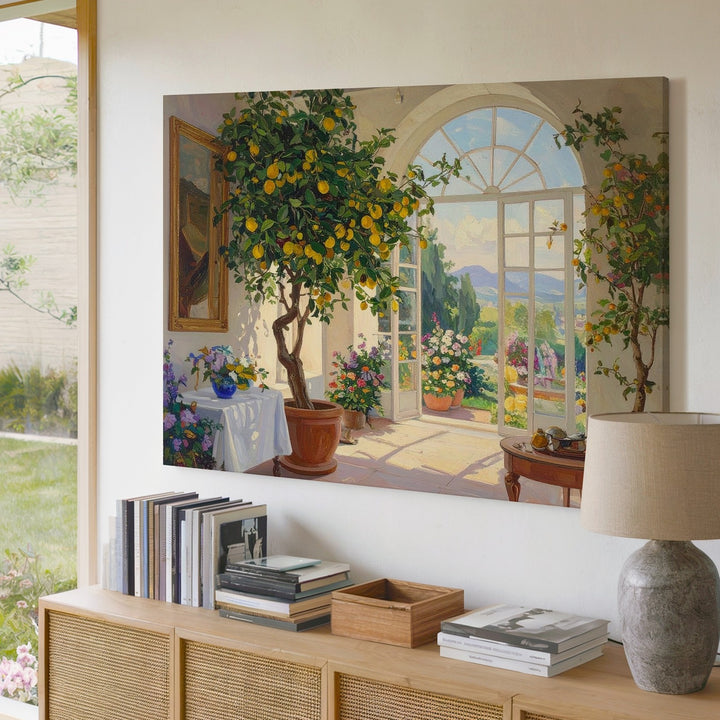 Sunlit Mediterranean Conservatory Canvas – Lush Lemon Tree Indoor Garden Art - Gifitto