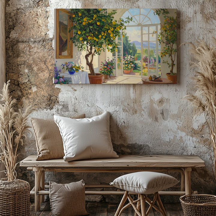 Sunlit Mediterranean Conservatory Canvas – Lush Lemon Tree Indoor Garden Art - Gifitto