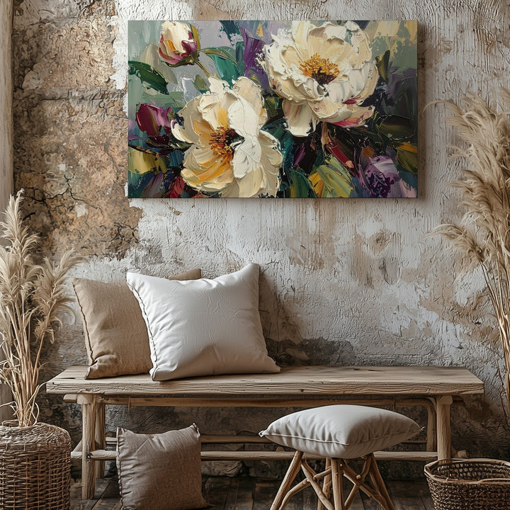 Textured Cream Floral Impasto Canvas – Bold Abstract Botanical Wall Art - Gifitto