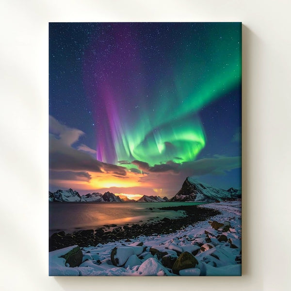 Northern Lights Over Snowy Coast Canvas – Celestial Aurora Landscape Art