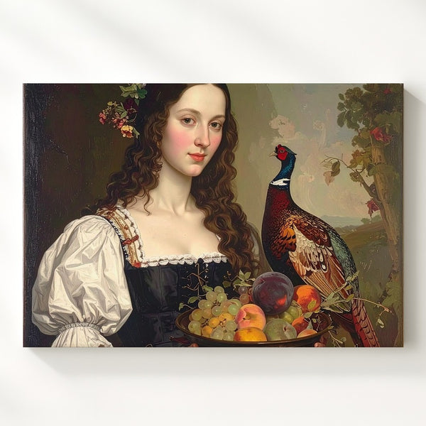 Renaissance Woman with Fruit & Pheasant Canvas – Classical Pastoral Oil Painting - Gifitto