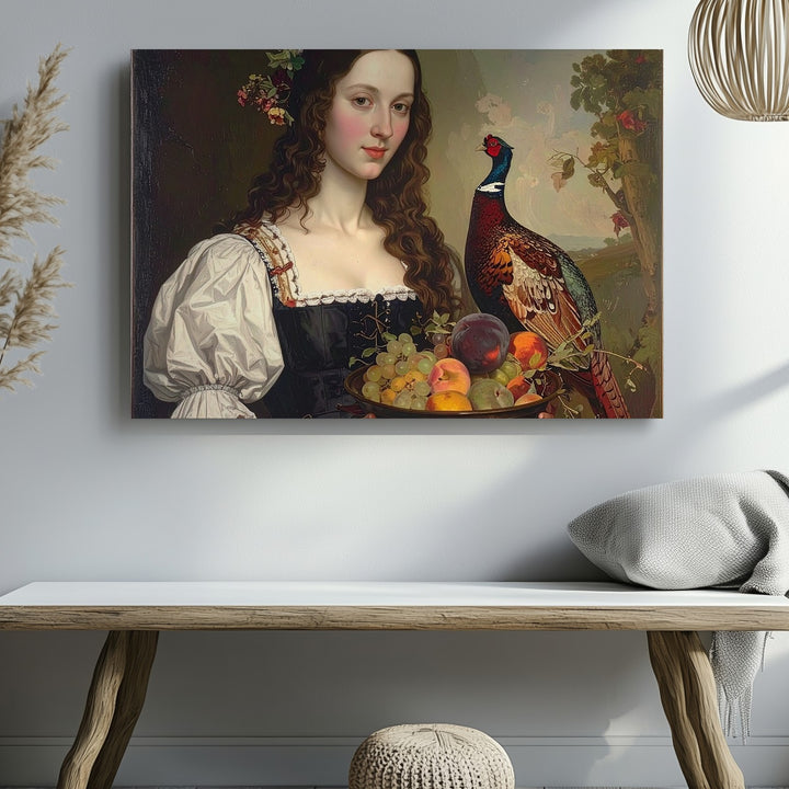 Renaissance Woman with Fruit & Pheasant Canvas – Classical Pastoral Oil Painting - Gifitto