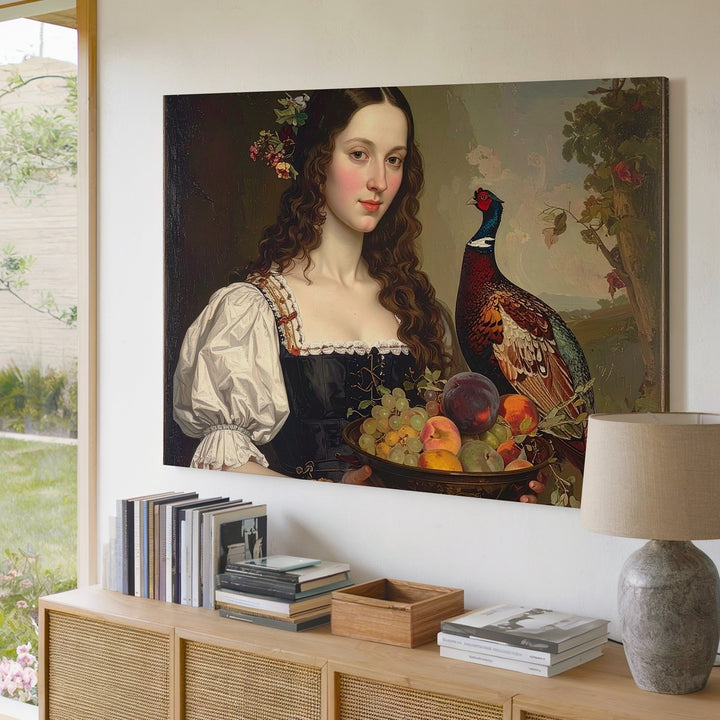 Renaissance Woman with Fruit & Pheasant Canvas – Classical Pastoral Oil Painting - Gifitto