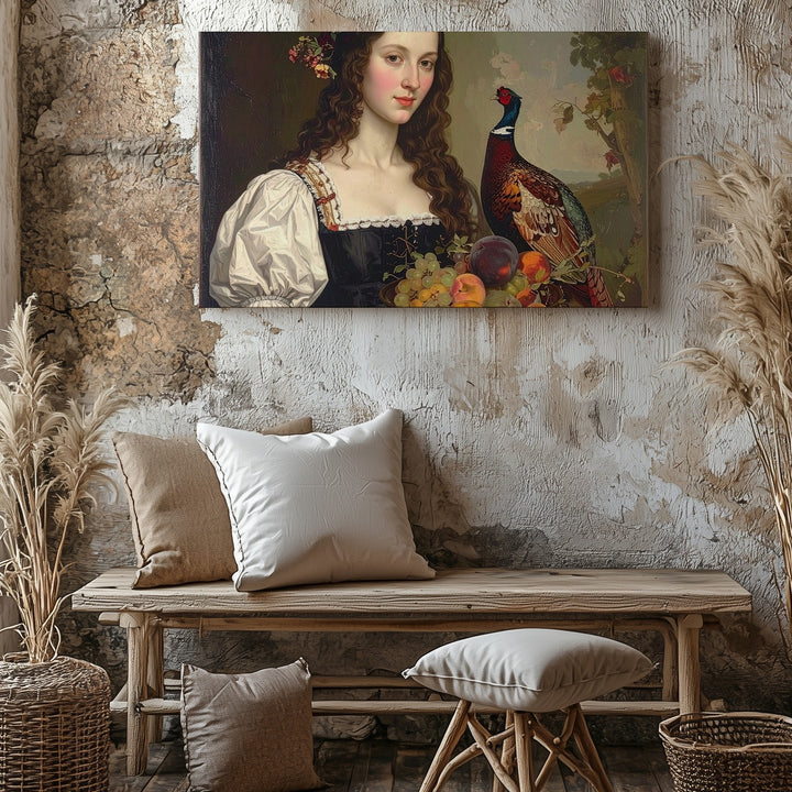Renaissance Woman with Fruit & Pheasant Canvas – Classical Pastoral Oil Painting - Gifitto