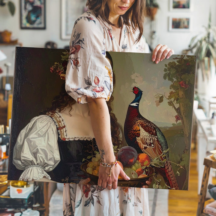 Renaissance Woman with Fruit & Pheasant Canvas – Classical Pastoral Oil Painting - Gifitto
