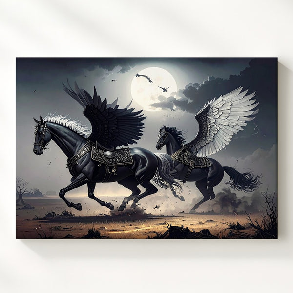 Epic Armored Horses Canvas – Dark Fantasy Battle with Feathered Wings - Gifitto