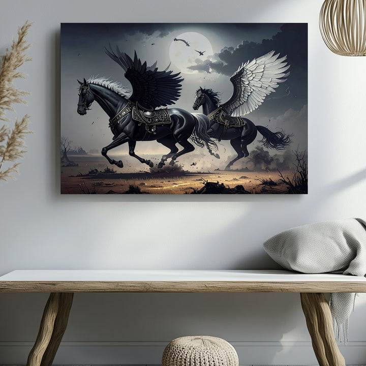 Epic Armored Horses Canvas – Dark Fantasy Battle with Feathered Wings - Gifitto