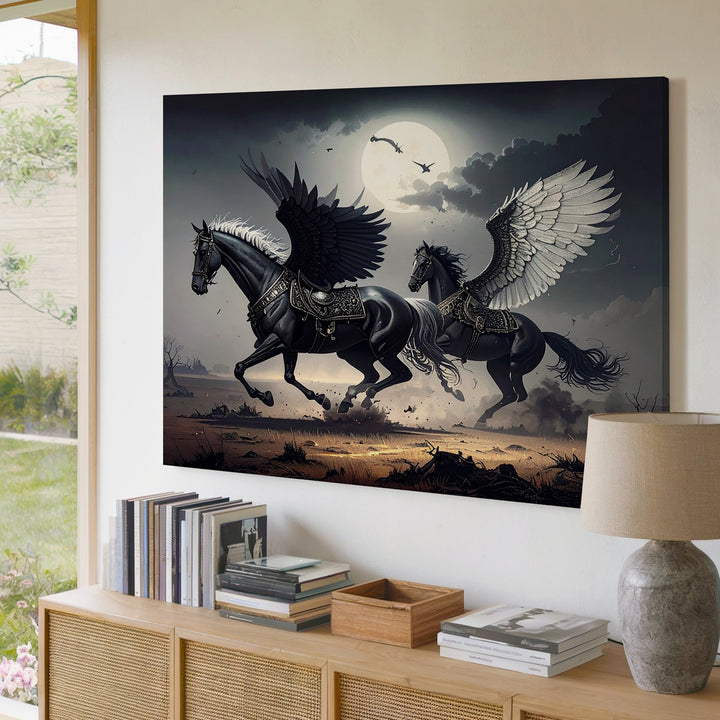 Epic Armored Horses Canvas – Dark Fantasy Battle with Feathered Wings - Gifitto